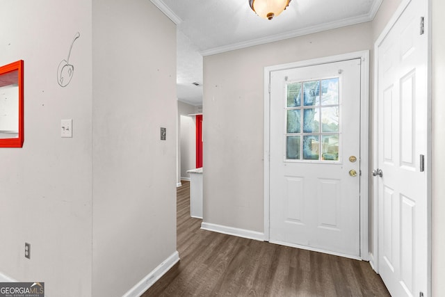 entryway with crown molding, baseboards, and dark wood-style flooring