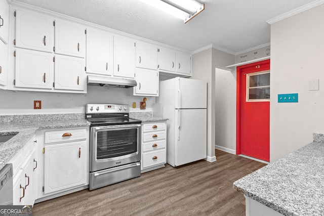kitchen with appliances with stainless steel finishes, wood finished floors, ornamental molding, under cabinet range hood, and white cabinetry