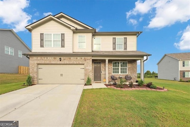 craftsman house featuring a garage, a front lawn, and covered porch