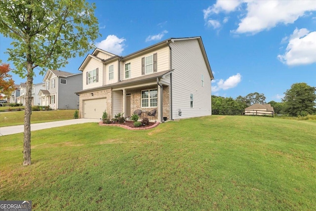 8819 Sibella Ct, Lithia Springs, GA 30122 - view of front of home featuring concrete driveway, an attached garage, a front lawn, covered porch, and brick siding