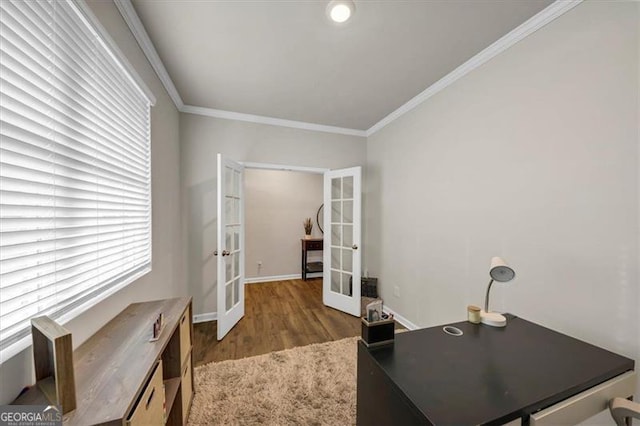 office area featuring crown molding, dark hardwood / wood-style floors, and french doors