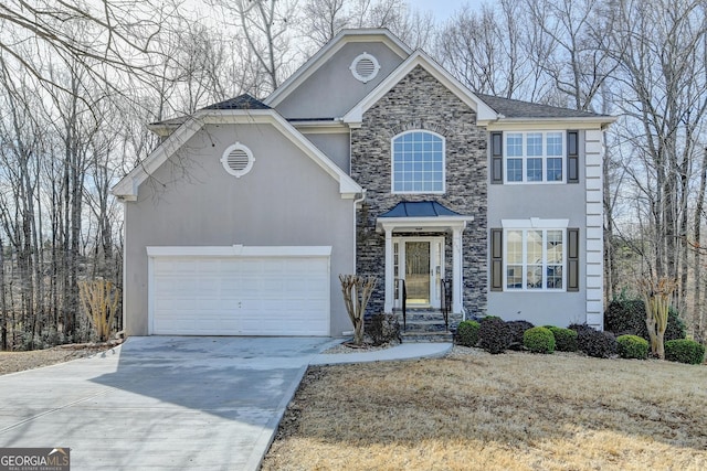 view of front of home with a garage, stone siding, driveway, and stucco siding