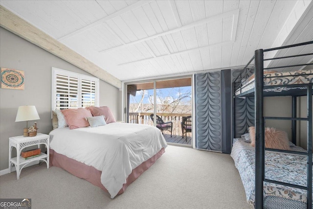 bedroom with lofted ceiling, carpet, expansive windows, access to outside, and wooden ceiling