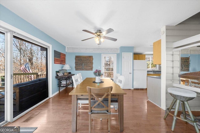 dining area featuring sink, hardwood / wood-style floors, and ceiling fan