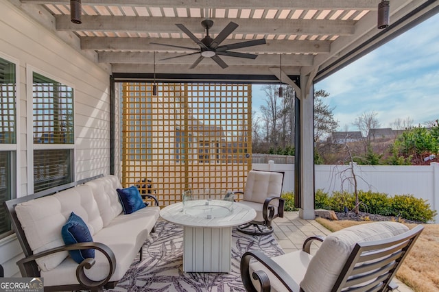 view of patio with a pergola, outdoor lounge area, and ceiling fan