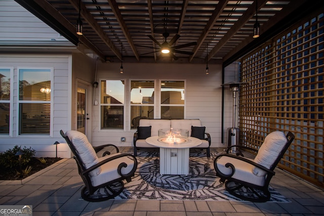 view of patio featuring a fire pit, a pergola, and ceiling fan