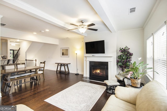 living room with dark wood-type flooring, beam ceiling, and crown molding