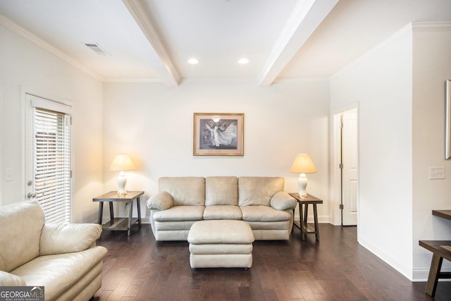 living room with beamed ceiling, ornamental molding, and dark wood-type flooring