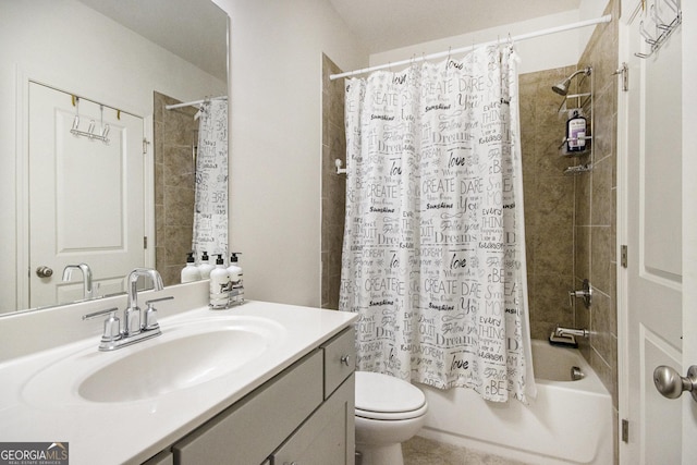 full bathroom with shower / bath combination with curtain, vanity, and toilet