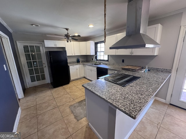 kitchen with black appliances, white cabinetry, sink, island exhaust hood, and kitchen peninsula