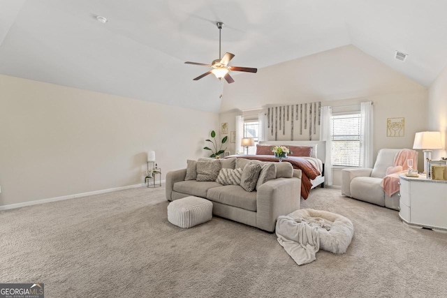 carpeted living room with lofted ceiling and ceiling fan