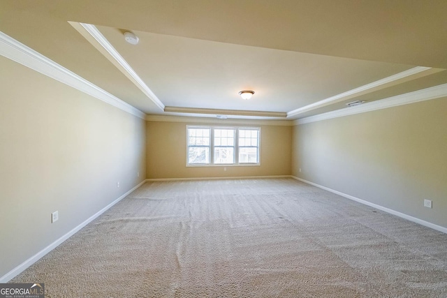 carpeted empty room featuring crown molding and a raised ceiling