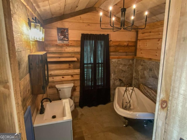 bathroom with lofted ceiling, vanity, a washtub, wood ceiling, and toilet