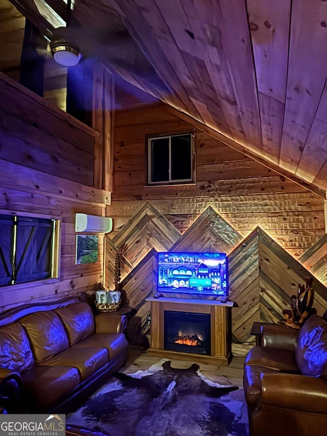 living room featuring wood walls, vaulted ceiling, and wooden ceiling