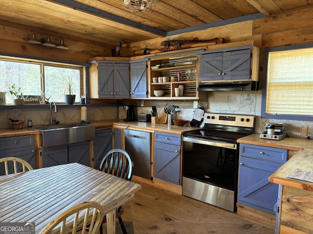 170 Community Hill Dr Unit 54, Blue Ridge, GA 30513 - kitchen with stainless steel range with electric stovetop, dishwasher, a sink, tasteful backsplash, and wooden ceiling