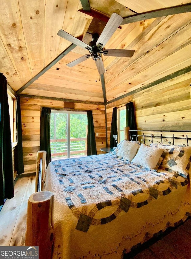 170 Community Hill Dr Unit 54, Blue Ridge, GA 30513 - bedroom with wood ceiling, wooden walls, light wood-type flooring, lofted ceiling, and access to exterior