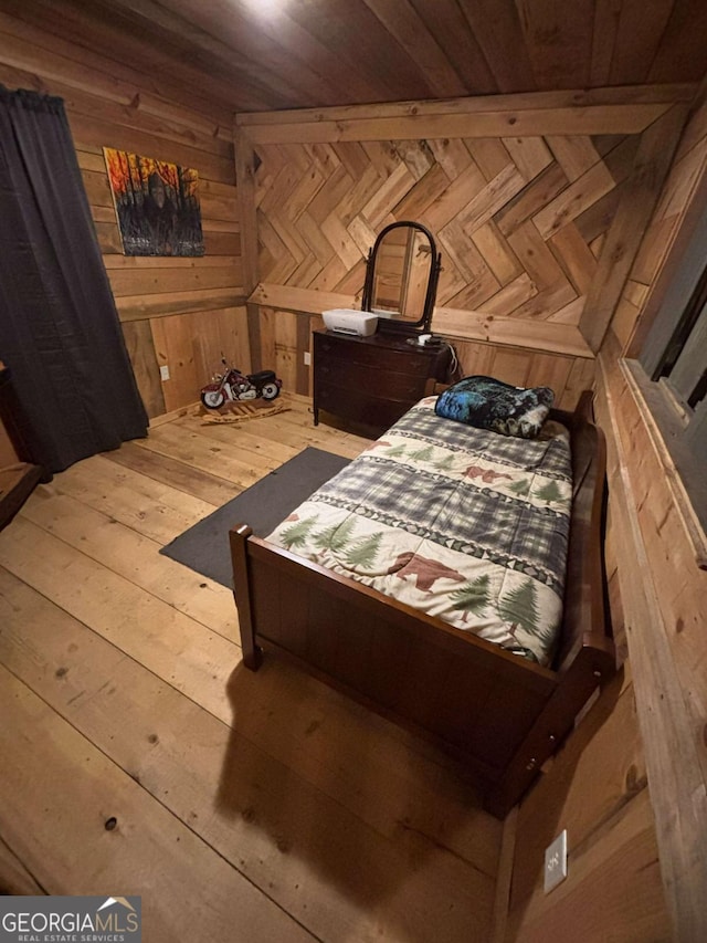 170 Community Hill Dr Unit 54, Blue Ridge, GA 30513 - bedroom featuring wooden walls, wood-type flooring, and wood ceiling