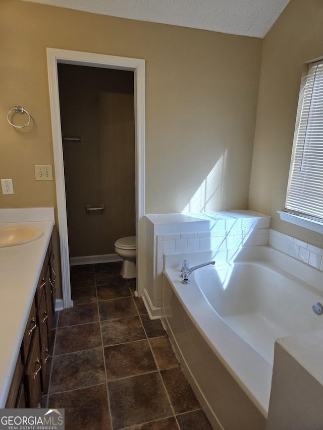 bathroom featuring vanity, toilet, and a tub