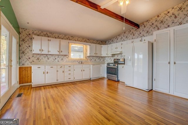 kitchen featuring white cabinetry, white appliances, sink, and light wood-type flooring