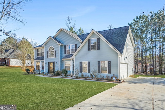 view of front of home with a garage and a front lawn