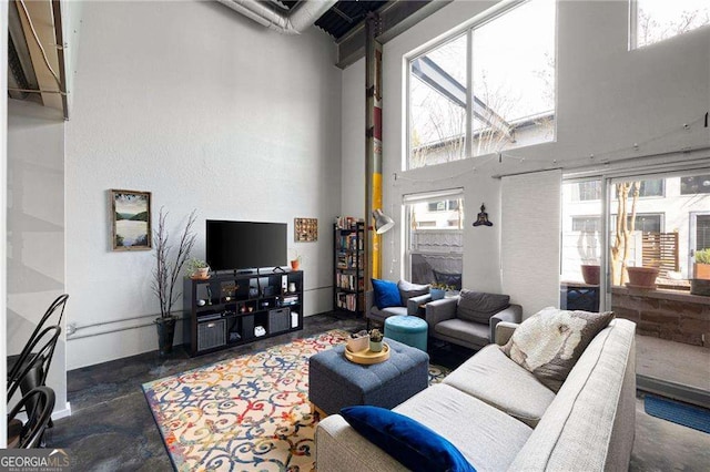 living room featuring a high ceiling