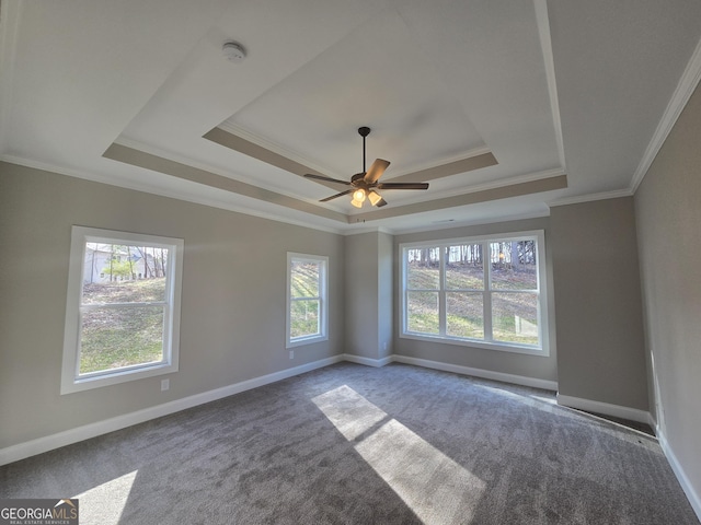 carpeted empty room featuring crown molding, a tray ceiling, and ceiling fan