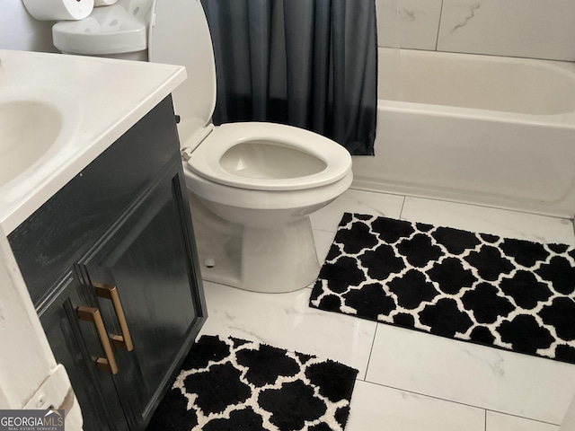 full bathroom featuring vanity, tile patterned floors, shower / bath combination with curtain, and toilet