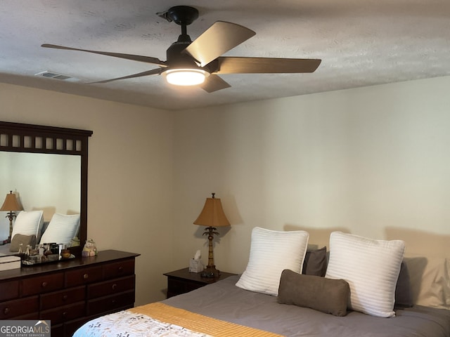 bedroom featuring a textured ceiling and ceiling fan