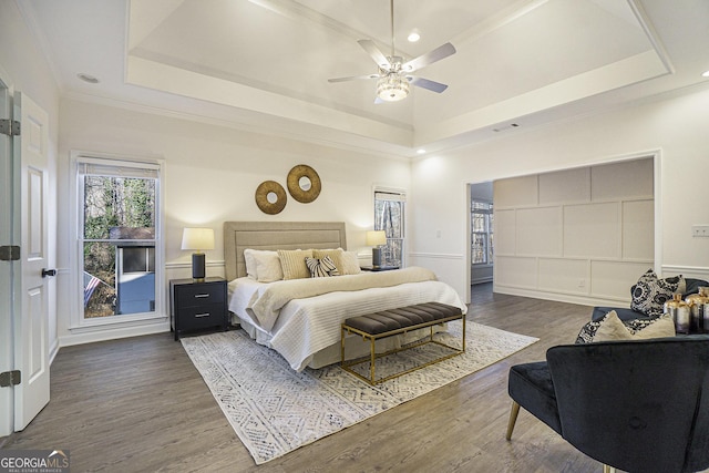 201 Windflower Ct, Canton, GA 30115 - bedroom featuring a raised ceiling, ornamental molding, wood finished floors, recessed lighting, and ceiling fan