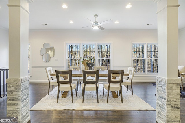 dining area with ceiling fan, crown molding, visible vents, and a healthy amount of sunlight