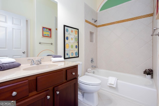 bathroom featuring bathtub / shower combination, vanity, and toilet