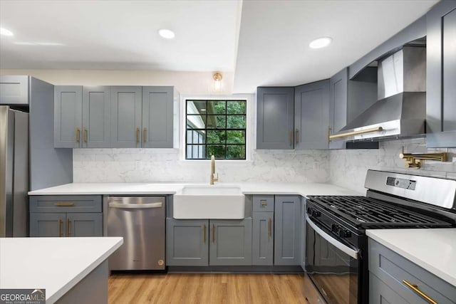 kitchen featuring appliances with stainless steel finishes, sink, gray cabinetry, decorative backsplash, and wall chimney exhaust hood