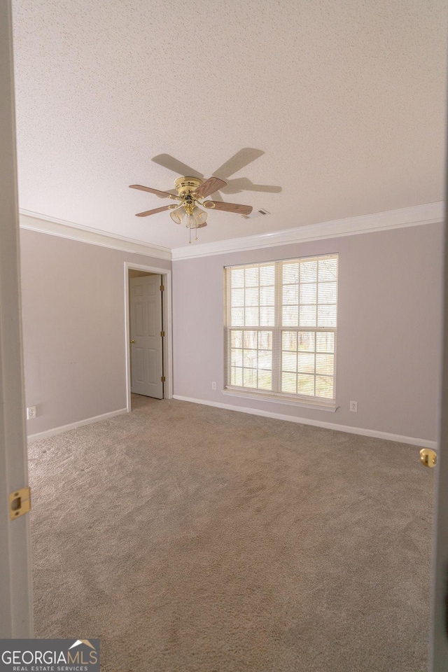 carpeted empty room with crown molding, ceiling fan, and a textured ceiling