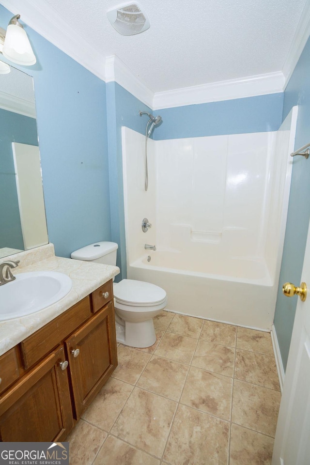 full bathroom with tile patterned flooring, crown molding, vanity, and toilet