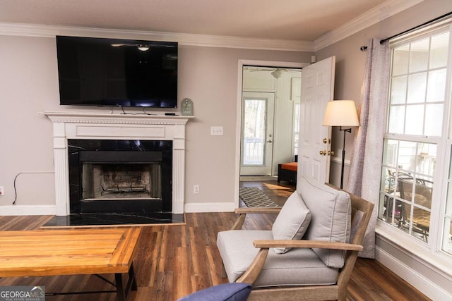 living room with ornamental molding and dark wood-type flooring