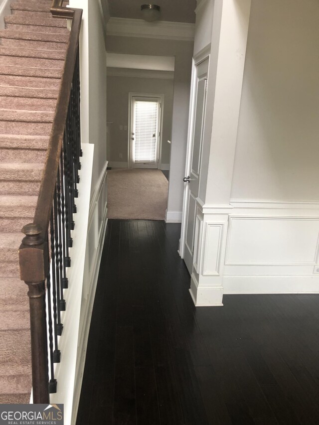 284 Madison Grace Ave, Mcdonough, GA 30252 - staircase featuring ornamental molding, hardwood / wood-style flooring, and wainscoting