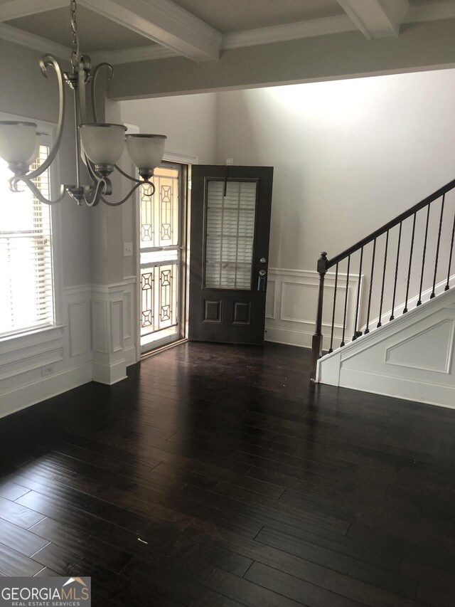284 Madison Grace Ave, Mcdonough, GA 30252 - foyer entrance featuring a chandelier, stairway, hardwood / wood-style flooring, crown molding, and beam ceiling