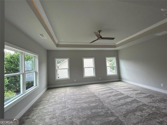 empty room featuring ceiling fan, a healthy amount of sunlight, a tray ceiling, and carpet
