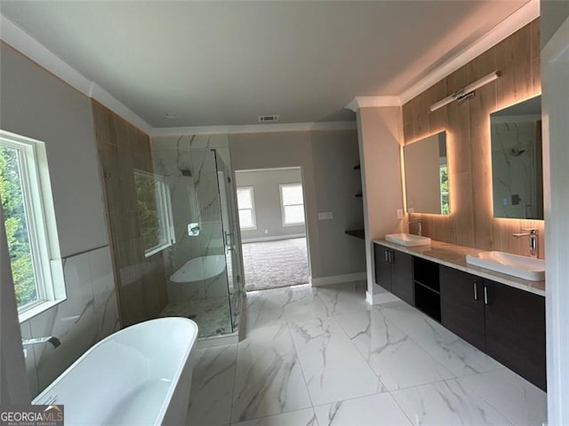 bathroom with crown molding, vanity, and separate shower and tub
