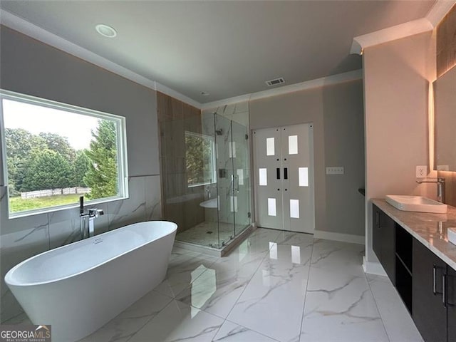 bathroom featuring vanity and separate shower and tub