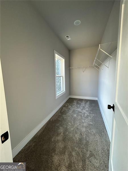 walk in closet with dark colored carpet