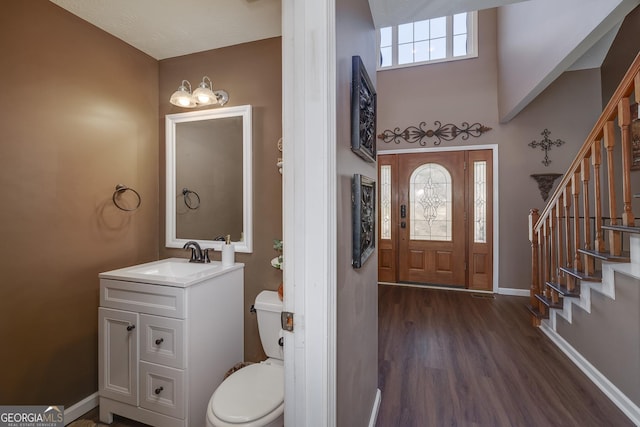 entrance foyer featuring dark hardwood / wood-style flooring, sink, and a towering ceiling