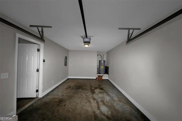 garage featuring a garage door opener, electric panel, and water heater