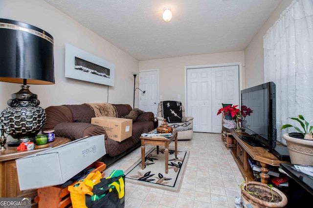 living room with a textured ceiling