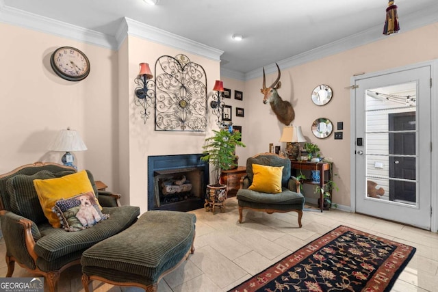 living room with crown molding and light tile patterned flooring