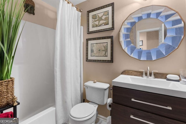 full bathroom featuring vanity, shower / bath combination with curtain, and toilet