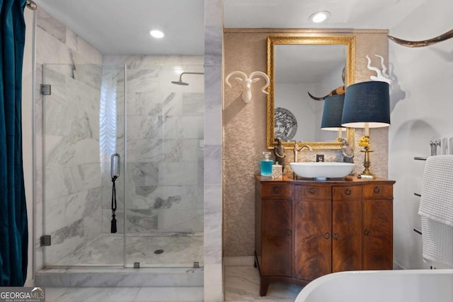 bathroom featuring vanity and walk in shower