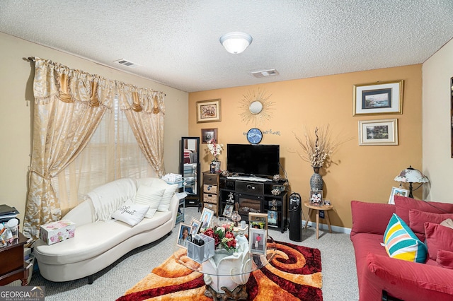 living room with a textured ceiling