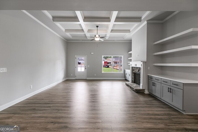 8981 Callaway Lot 87Silva, Winston, GA 30187 - unfurnished living room featuring dark wood-style flooring, beam ceiling, a fireplace, ceiling fan, and coffered ceiling