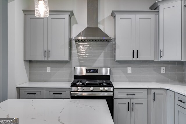 8981 Callaway Lot 87Silva, Winston, GA 30187 - kitchen with wall chimney range hood, gas stove, backsplash, and light stone counters